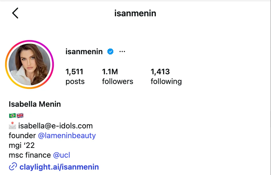 Instagram screenshot showing Isabella Menin’s Claylight link in their bio
