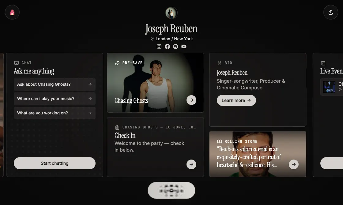 Joseph Reuben’s immersive Claylight Space brings his music, biography, press, events and AI chat together