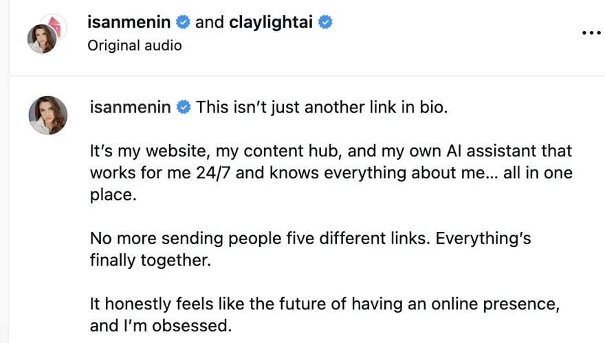 Isabella Menin's Instagram post: This isn't just another link in bio. It's my website, my content hub, and my own AI assistant that works for me 24/7 and knows everything about me, all in one place.